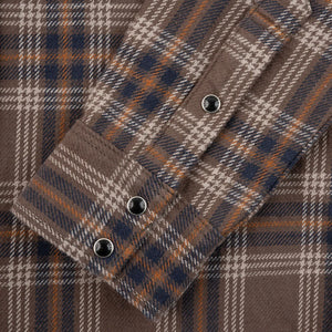 Iron Heart 12oz Slubby Ultra Heavy Flannel Check Western Shirt Brown IHSH431 close up cuff bottons closed