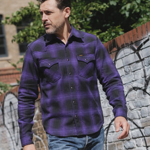 Iron Heart 12oz Ultra Heavy Flannel Check Western Shirt Purple IHSH-264