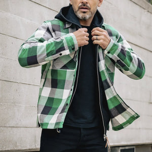 Iron Heart 12oz Ultra Heavy Flannel Vintage Check Work Overshirt Green IHSH428 lifestyle front worn