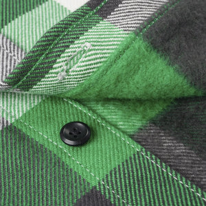 Iron Heart 12oz Ultra Heavy Flannel Vintage Check Work Overshirt Green IHSH428 close up brushed inside