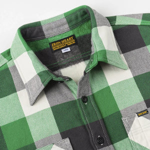 Iron Heart 12oz Ultra Heavy Flannel Vintage Check Work Overshirt Green IHSH428 detail collar
