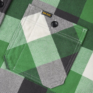Iron Heart 12oz Ultra Heavy Flannel Vintage Check Work Overshirt Green IHSH428 detail pocket