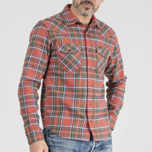 Iron Heart 12oz Ultra Heavy Flannel The Watermelon Man Western Shirt Red IHSH436 worn semi front