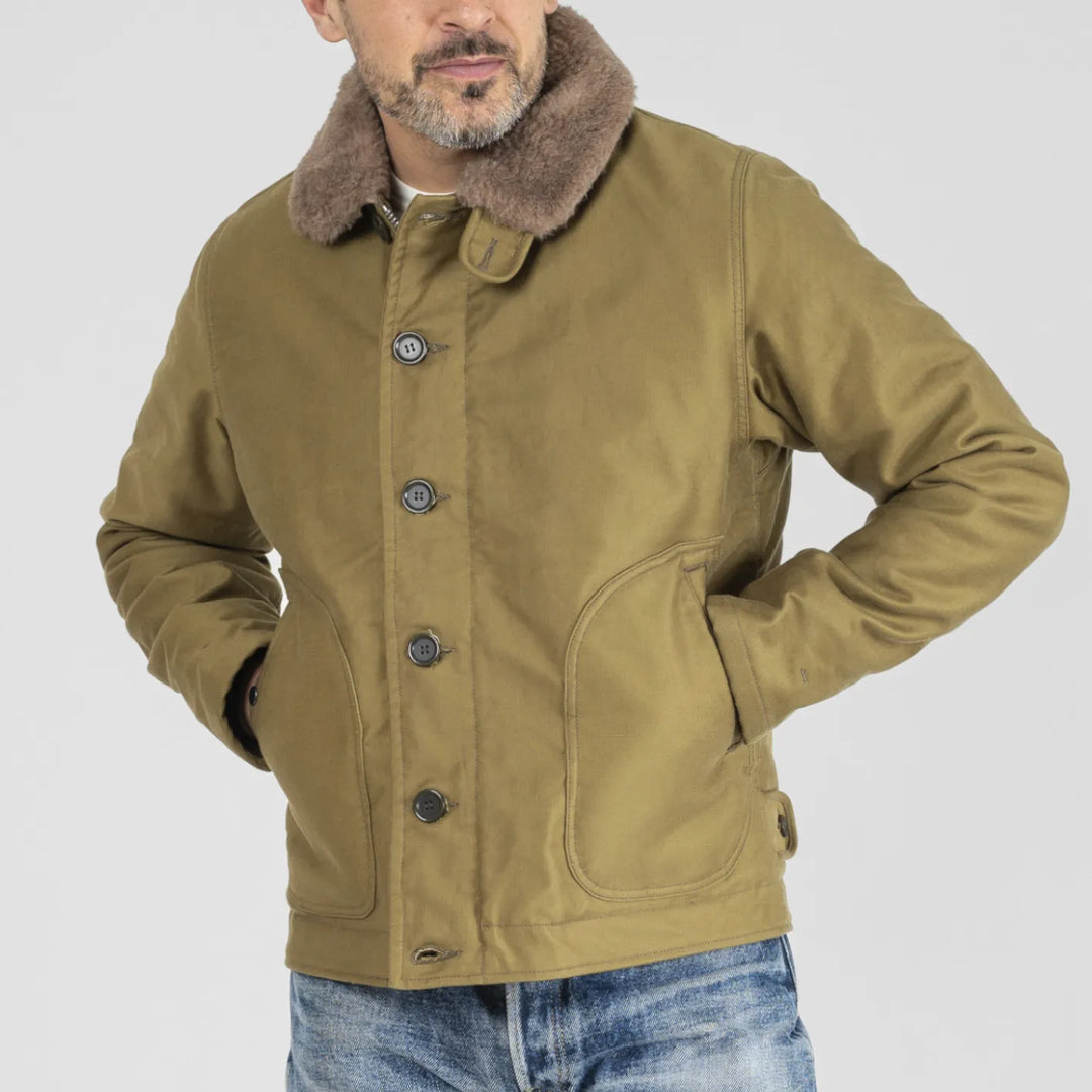 Iron Heart IHM35 12oz Whipcord N1 Deck Jacket Khaki worn front closed