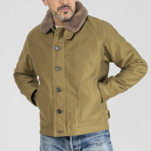 Iron Heart IHM35 12oz Whipcord N1 Deck Jacket Khaki worn front closed