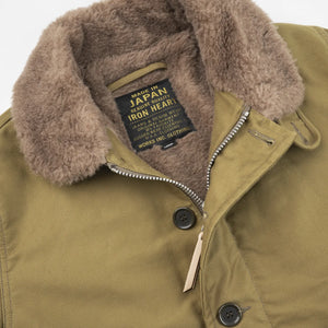 Iron Heart IHM35 12oz Whipcord N1 Deck Jacket Khaki close up open collar