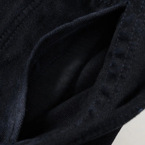 Iron Heart 14oz Broken Twill Selvedge Denim Work Jacket Indigo Overdyed Black IHJ123OD close up handwarmer pocket