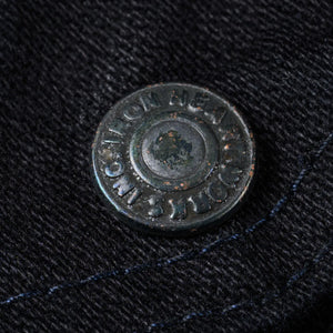 Iron Heart 14oz Broken Twill Selvedge Denim Work Jacket Indigo Overdyed Black IHJ123OD close up aged copper button