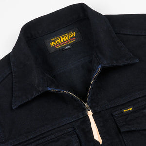 Iron Heart 14oz Broken Twill Selvedge Denim Work Jacket Indigo Overdyed Black IHJ123OD close up collar