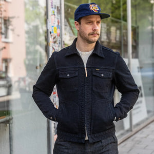 Iron Heart 14oz Broken Twill Selvedge Denim Work Jacket Indigo Overdyed Black IHJ123OD worn lifestyle