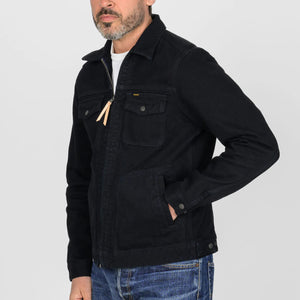 Iron Heart 14oz Broken Twill Selvedge Denim Work Jacket Indigo Overdyed Black IHJ123OD worn profile