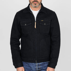 Iron Heart 14oz Broken Twill Selvedge Denim Work Jacket Indigo Overdyed Black IHJ123OD worn front closed
