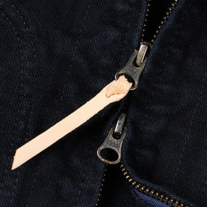 Iron Heart 14oz Broken Twill Selvedge Denim Work Jacket Indigo Overdyed Black IHJ123OD close up 2 way zipper
