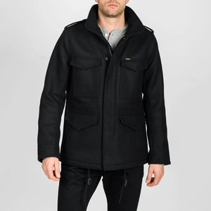 Iron Heart 21oz Melton Wool M65 Field Jacket Black IHM49BLK worn closed front
