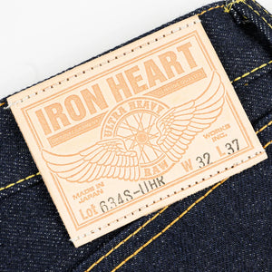 Iron Heart 634S 21oz Ultra Heavy Raw Selvedge Jeans Classic Straight close up leather patch