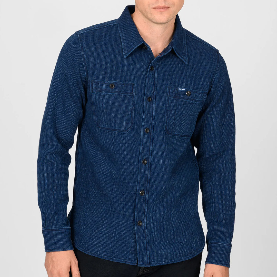 Iron Heart 5oz Waffle Work Shirt Indigo IHSH96 worn front