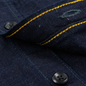 Iron Heart 7oz Cotton Linen Chambray Work Shirt Indigo IHSH443 close yellow thread