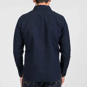 Iron Heart 7oz Cotton Linen Chambray Work Shirt Indigo IHSH443 worn backside