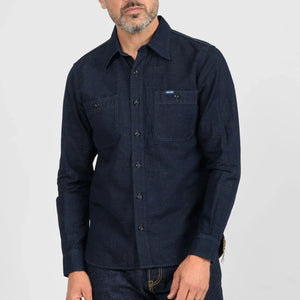 Iron Heart 7oz Cotton Linen Chambray Work Shirt Indigo IHSH443 worn front