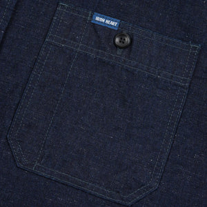Iron Heart 7oz Cotton Linen Chambray Work Shirt Indigo IHSH443 close up chest pocket