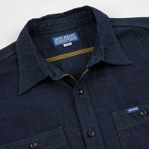 Iron Heart 7oz Cotton Linen Chambray Work Shirt Indigo IHSH443 detail open collar