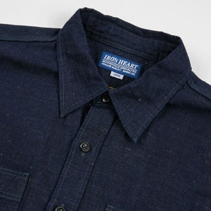 Iron Heart 7oz Cotton Linen Chambray Work Shirt Indigo IHSH443 detail closed collar