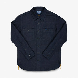 Iron Heart 7oz Cotton Linen Chambray Work Shirt Indigo IHSH443 front flat
