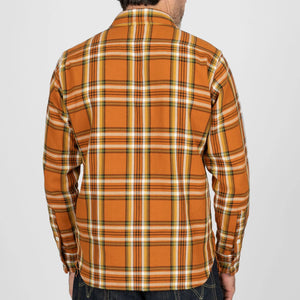 Iron Heart 9oz Selvedge Flannel Check Work Shirt Orange IHSH442 worn backside