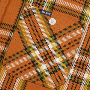 Iron Heart 9oz Selvedge Flannel Check Work Shirt Orange IHSH442 close up chest pocket