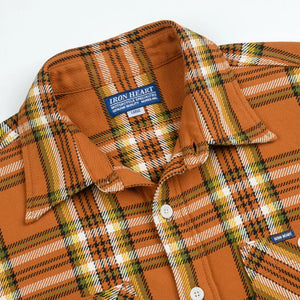 Iron Heart 9oz Selvedge Flannel Check Work Shirt Orange IHSH442 detail open collar