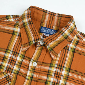 Iron Heart 9oz Selvedge Flannel Check Work Shirt Orange IHSH442 detail closed collar