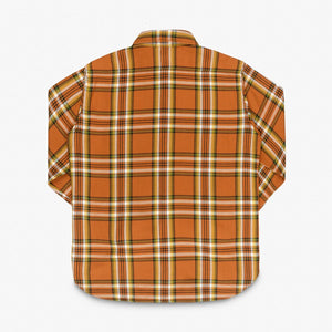 Iron Heart 9oz Selvedge Flannel Check Work Shirt Orange IHSH442 backside flat