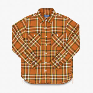 Iron Heart 9oz Selvedge Flannel Check Work Shirt Orange IHSH442 flat front