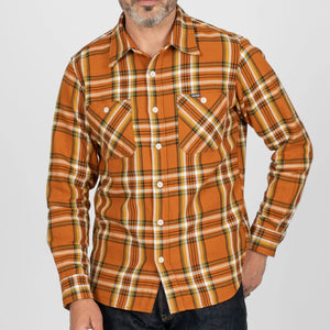 Iron Heart 9oz Selvedge Flannel Check Work Shirt Orange IHSH442 worn front