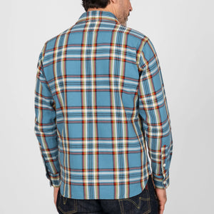 Iron Heart 9oz Selvedge Flannel Check Work Shirt Sax Blue IHSH442 worn backside