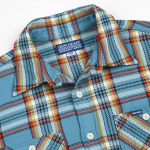 Iron Heart 9oz Selvedge Flannel Check Work Shirt Sax Blue IHSH442  detail open collar