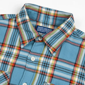 Iron Heart 9oz Selvedge Flannel Check Work Shirt Sax Blue IHSH442  detail collar closed