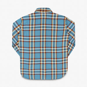 Iron Heart 9oz Selvedge Flannel Check Work Shirt Sax Blue IHSH442 backside flat