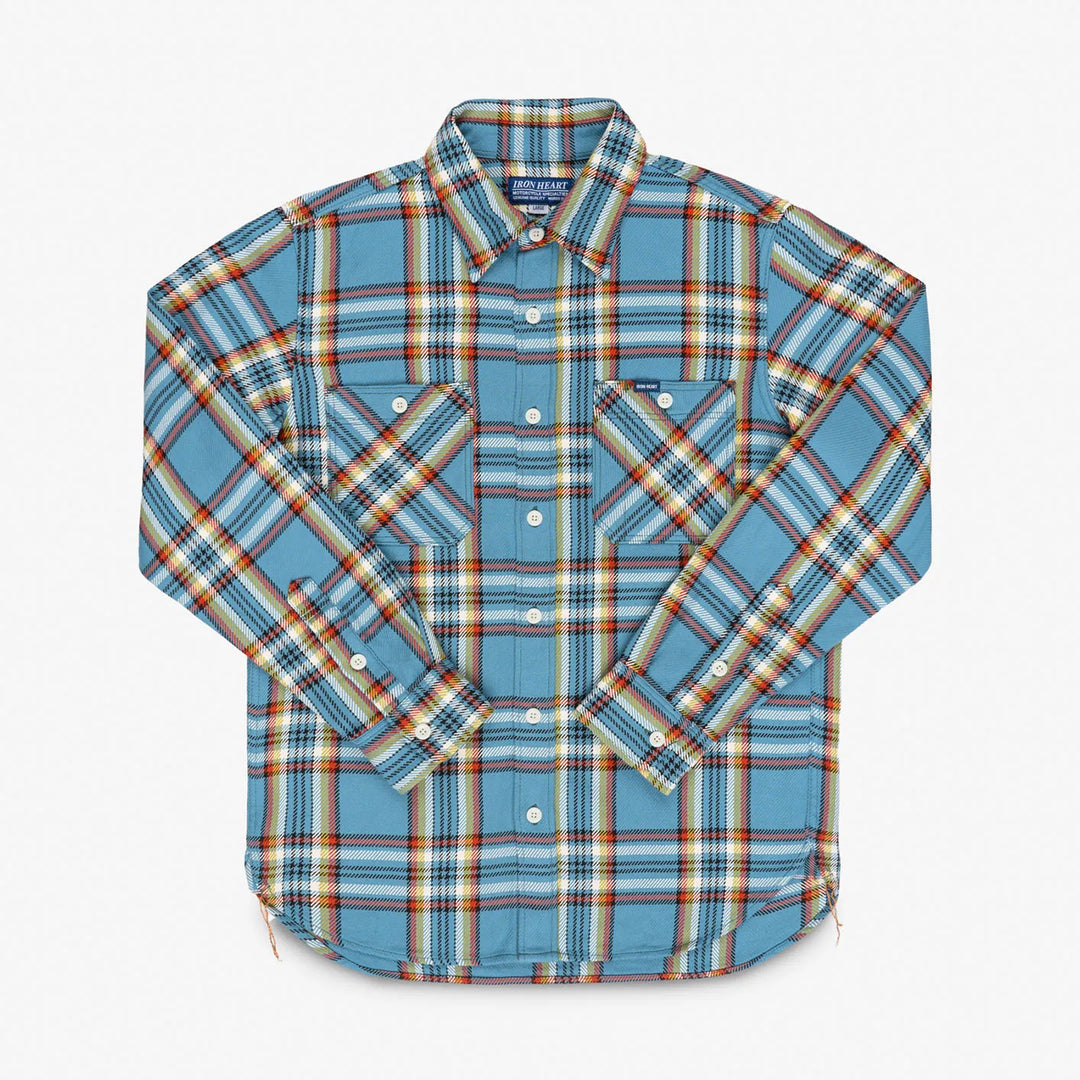 Iron Heart 9oz Selvedge Flannel Check Work Shirt Sax Blue IHSH442  front flat