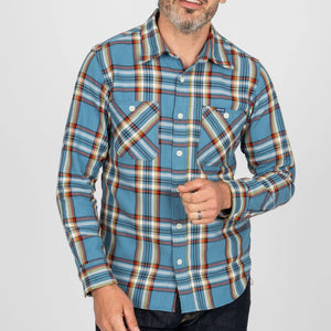 Iron Heart 9oz Selvedge Flannel Check Work Shirt Sax Blue IHSH442 worn front