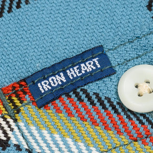 Iron Heart 9oz Selvedge Flannel Check Work Shirt Sax Blue IHSH442 close up woven label