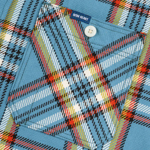 Iron Heart 9oz Selvedge Flannel Check Work Shirt Sax Blue IHSH442 close up chest pocket