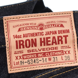 Iron Heart 634S 142 14oz Selvedge Jeans Classic Straight close up leather patch