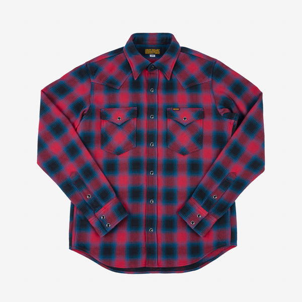 Iron Heart 12oz Ombré Check Ultra Heavy Flannel Western Shirt - IHSH-373 / Red