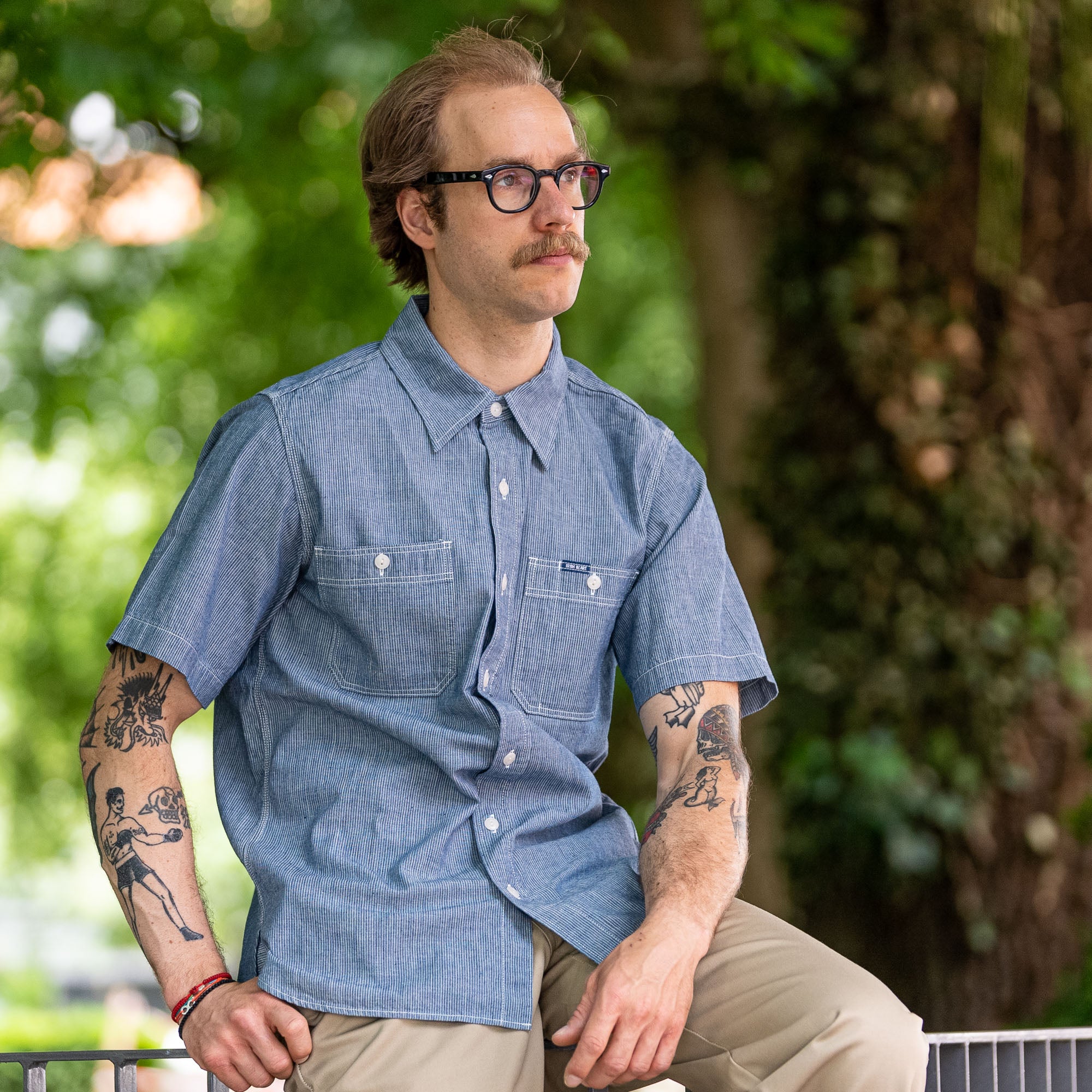 Iron Heart 285-PIN - Short Sleeved Work Shirt - 5.5oz Selvedge Pinstripe Chambray Indigo XXL