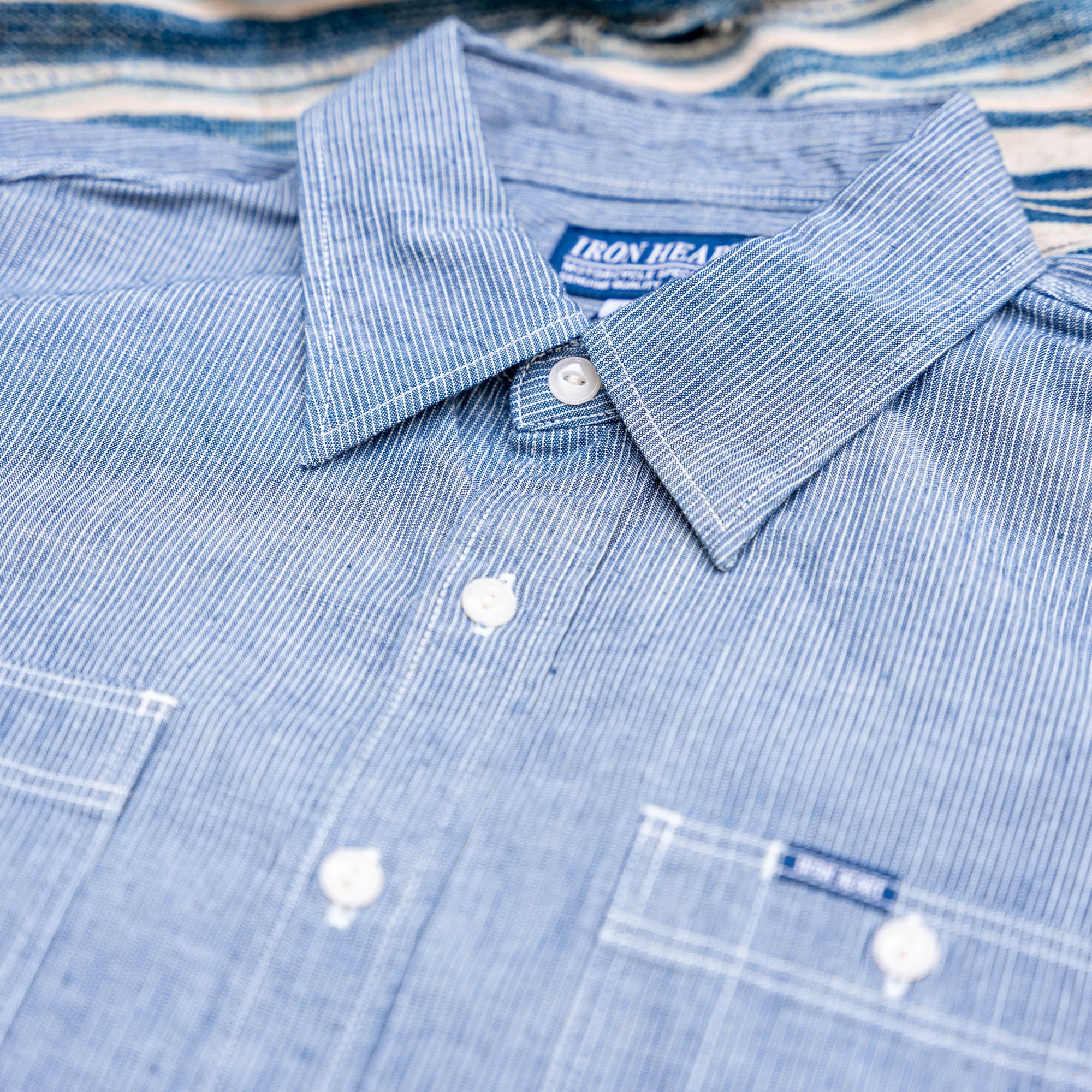 Iron Heart 285-PIN - Short Sleeved Work Shirt - 5.5oz Selvedge Pinstripe Chambray Indigo XXL