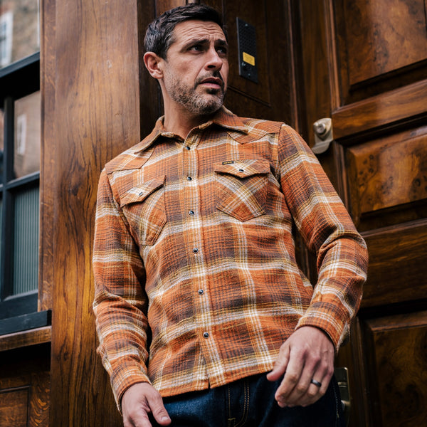 Iron Heart 12oz Slubby Ultra Heavy Flannel Western Shirt - IHSH-399 / Orange