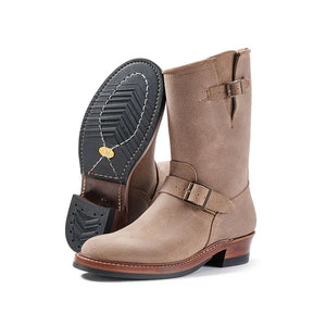 John Lofgren Wabash Engineer Boots Natural Roughout Horween Chromexcel pair side and sole unit