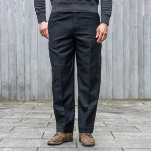 Merz b Schwanen 10oz 1920s Refined Wool Cotton Worker Chino Deep Black worn front