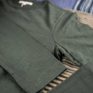 Merz b Schwanen 2S18 11oz Heavy Loopwheel Longsleeve Forest detail sleeve and armpit